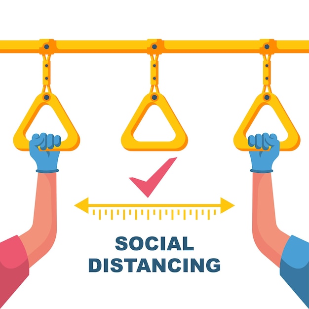 Vecteur distance sociale dans les transports en commun. sensibilisation sociale de la page de destination. les gens tiennent des mains courantes dans un métro ou un bus au loin. prévention du coronavirus covid-19. conception plate d'illustration vectorielle.