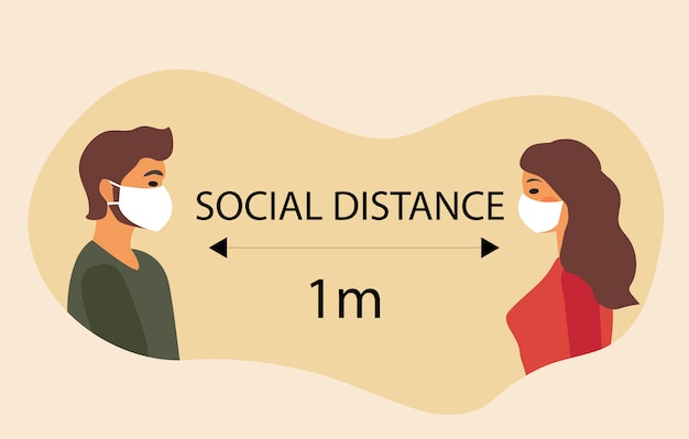 Vecteur distance sociale, prévention des coronavirus auto-isolés. le gars et la fille masquée se tiennent au loin. illustration de style moderne