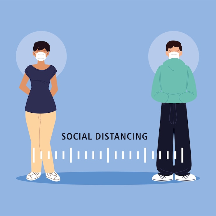 Vecteur distanciation sociale, l'homme et la femme gardent leurs distances dans la société publique, pendant le coronavirus covid 19