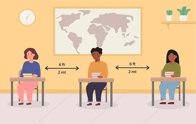 Distanciation Sociale à L'illustration Du Concept De L'école. Mélangez Les Enfants De Race Assis Dans La Salle De Classe. Les Enfants Maintiennent Une Distance De Sécurité à L'intérieur De La Salle De Conférence. Retour à L'école. Illustration Vectorielle.