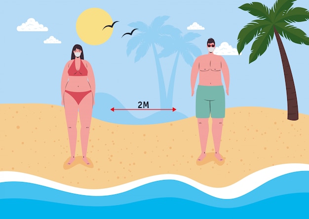 Distanciation Sociale Sur La Plage, Couple Portant Un Masque Médical Sur La Plage, Nouveau Concept De Plage D'été Normal Après Coronavirus Ou Covid 19