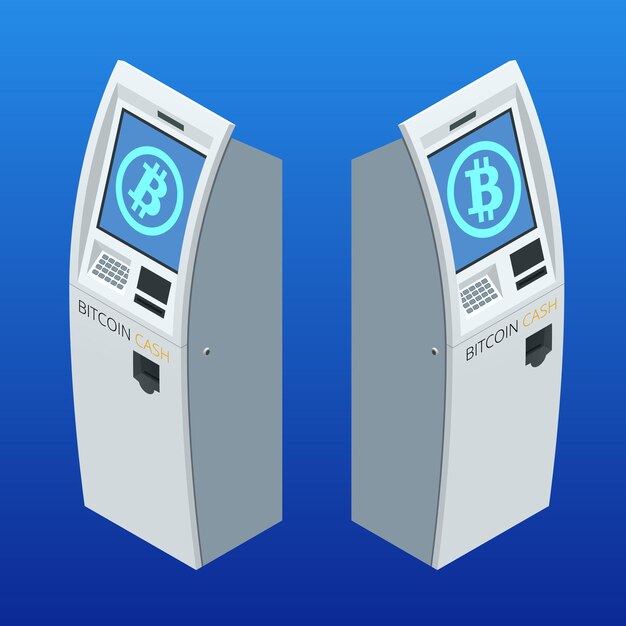 Distributeur de billets Bitcoin moderne isométrique. Distributeur de billets en crypto-monnaie. Acheter et vendre des bitcoins, l'une des crypto-monnaies de la nouvelle ère. Illustrateur de vecteur.
