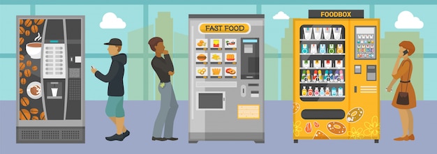 Distributeurs automatiques avec différentes illustrations de nourriture et de boissons. Les gens qui choisissent diverses collations boissons café craquelins biscuit hamburger des automates à l'intérieur.