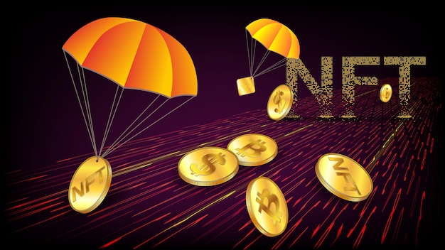 Distribution gratuite futuriste de jetons non fongibles NFT à collectionner avec perspective fuyante sur la route numérique rouge et pièces d'or de Bitcoin NFT et Dollars avec parachutes