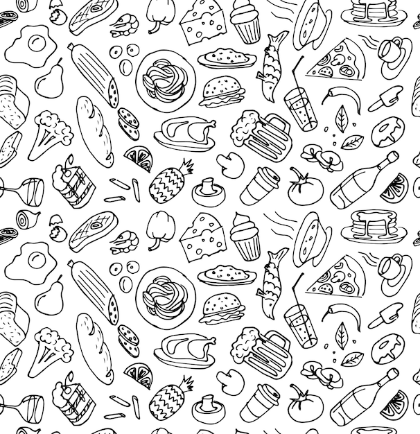 Divers Aliments Dessinés à La Main Cuisine Doodle Contour Croquis Modèle Sans Couture Sur Fond Blanc Vecteur