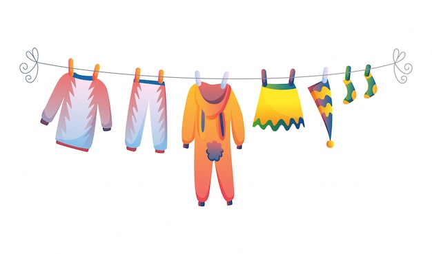 Divers articles de vêtements pour bébés sur corde isolé illustration vectorielle sur fond blanc
