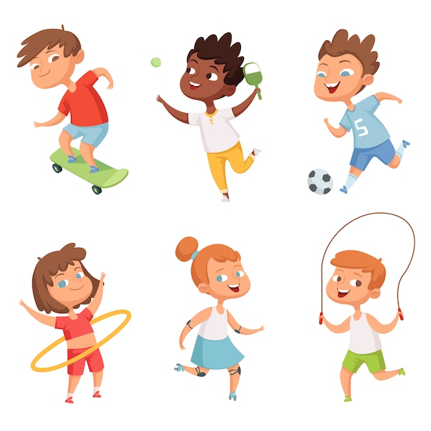 Divers enfants dans les sports actifs. personnages