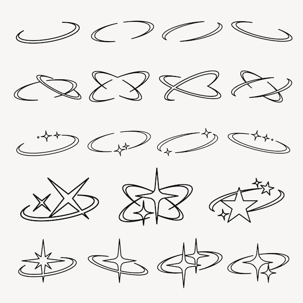 Divers ensembles d'illustrations d'étoiles en orbite stylisées vecteur Various sets of stylized orbiting stars in various vector design illustrations Collection de vecteurs d'étars en orbite stilisés
