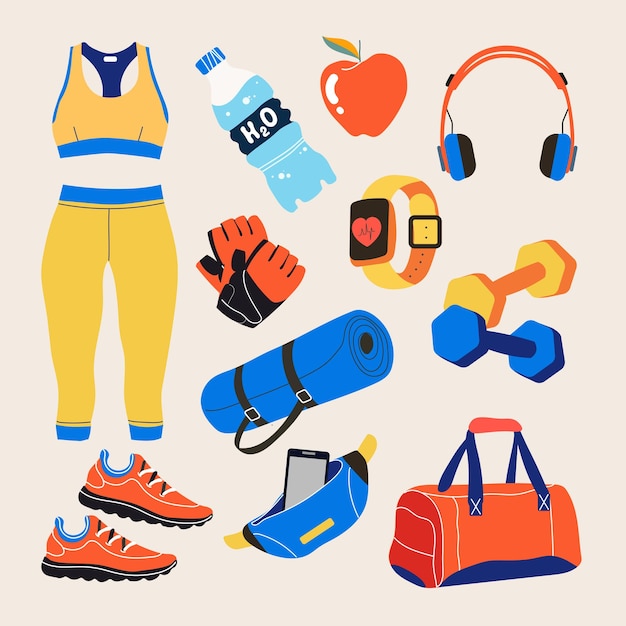 Vecteur divers équipements sportifs. appareils de fitness, accessoires de gym. haltères, tracker de fitness, écouteurs