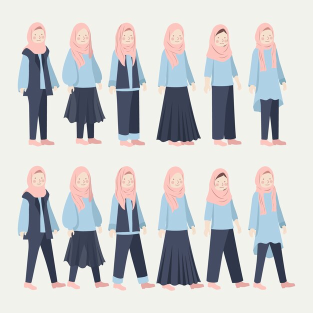 Divers Hijab Girl Casual Daily Outfit Illustration Set