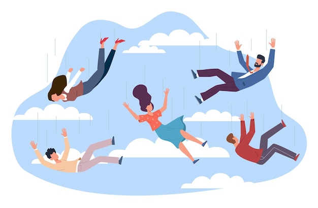 Divers hommes et femmes tombent dans le ciel parmi les nuages, des personnages tombant dans différentes poses, des mouvements dans l'air, des gens en vol, une posture de mouvement, un concept de vecteur isolé de style dessin animé.