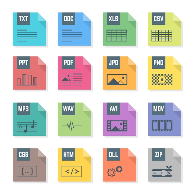 divers icônes de formats de fichiers colorés design plat avec symboles illustration fond blanc