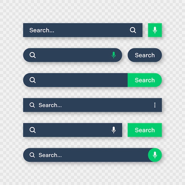 Vecteur divers modèles de barre de recherche moteur de navigateur internet en mode sombre avec barre d'adresse de boîte de recherche et texte
