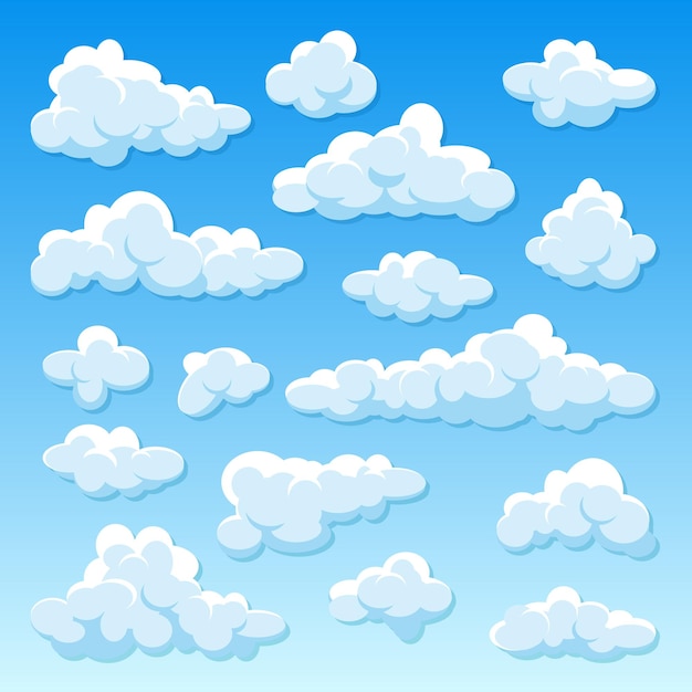Divers nuages ronds avec une ombre sur un fond de gradient bleu panorama du ciel d'été dessin animé simple