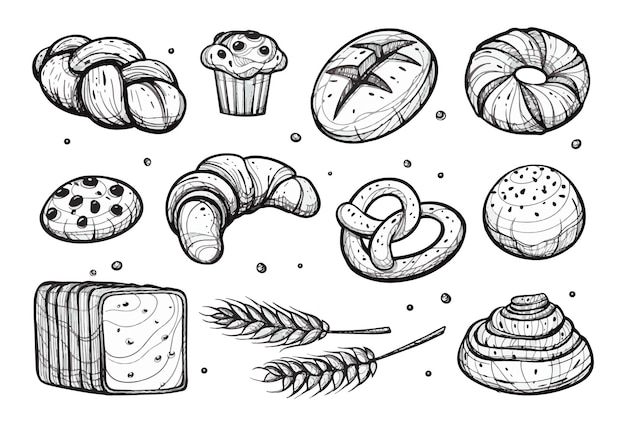 Divers Pains Mis Boulangerie Pâtisserie Produits Illustration Vectorielle Dessinés à La Main