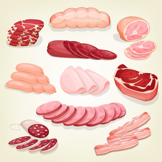 Vecteur divers produits à base de viande ensemble de boucherie comprenant salami prosciutto pepperoni jambon bacon et saucisses