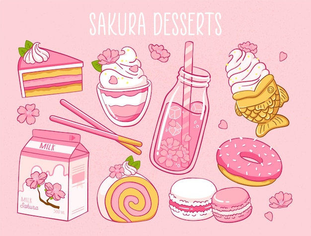 Divers Produits Sakura Cuisine Japonaise Sakura Thé Lait Donut Macarons Tarte à La Crème Glacée