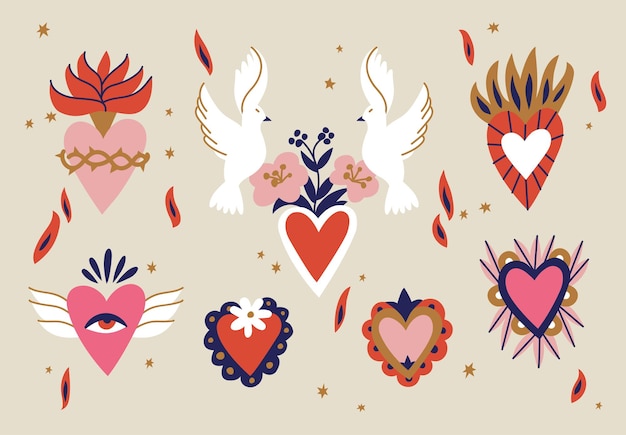 Divers Sacrés-cœurs. Coeurs Mexicains Traditionnels. Illustration Vectorielle Tendance Colorée Dessinée à La Main. Modèle Sans Couture