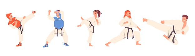 Divers Sportifs En Kimono Combattant Attaquant Pratiquant L'exercice à L'éducation Des Arts Martiaux Classe Illustration Vectorielle Homme Et Femme Personnage De Dessin Animé Apprenant Le Karaté Taekwondo Ou Le Jujitsu