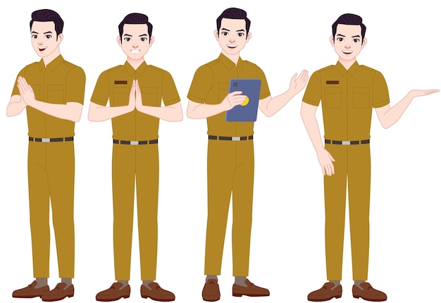 Vecteur divers styles et poses de beaux fonctionnaires indonésiens portant des uniformes