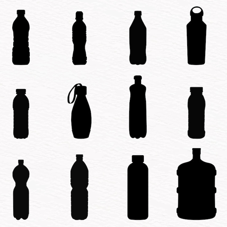 Vecteur divers types d'ensemble de silhouette de bouteille d'eau en verre en acier plastique