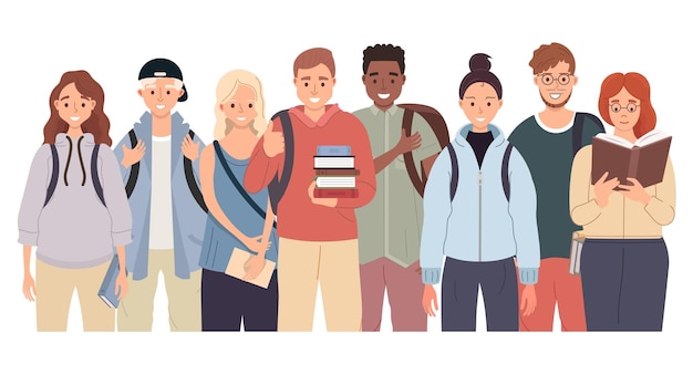 Diverse groupe d'étudiants universitaires avec des sacs à dos et des livres debout ensemble jeunes camarades de classe dans