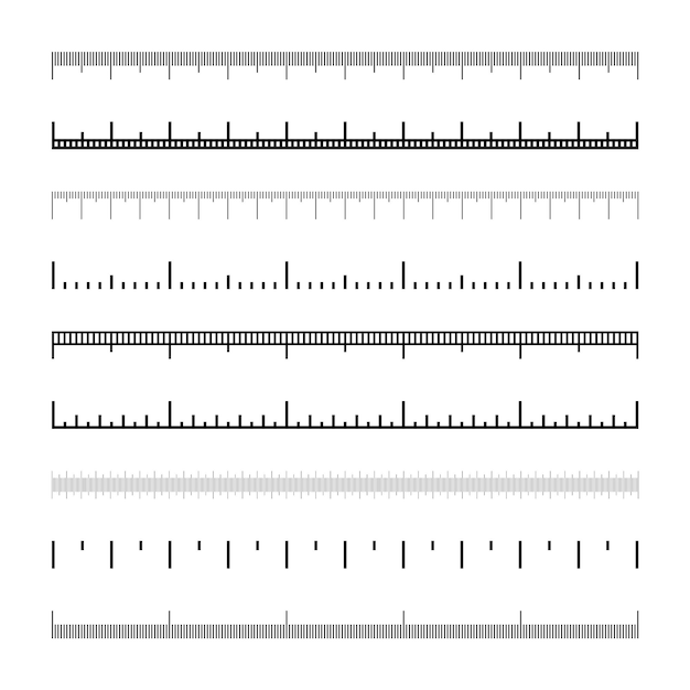 Vecteur diverses échelles de mesure avec divisions échelle réaliste pour mesurer la longueur ou la hauteur en centimètres, millimètres ou pouces tape de mesure, marques de taille, indicateurs vectoriels