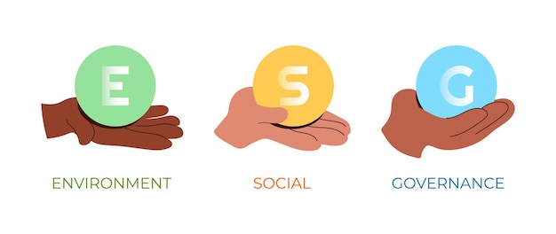 Diverses mains tenant des icônes d'infographie ESG Signe de concept de gouvernance sociale de l'environnement Performance de durabilité d'entreprise Responsabilité sociale Illustration vectorielle isolée sur fond blanc