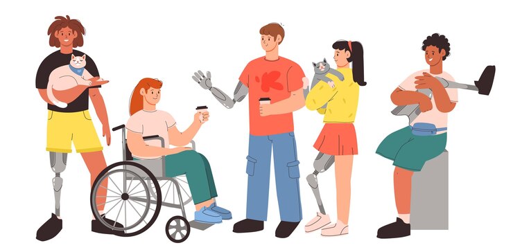 Vecteur diverses personnes handicapées un homme et une femme avec des prothèses et en fauteuil roulant