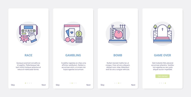 Divertissement De Jeux Vidéo. Ui, Ux Onboarding Mobile App Set Contrôleur De Console Pour Les Jeux De Course Automobile, Les Jeux De Hasard Numériques, Le Jeu Pour Les Symboles De Perdant De Joueur