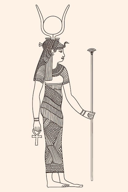 Vecteur une divinité égyptienne antique femme avec un sceptre dans ses mains. la figure est isolée sur un dos beige