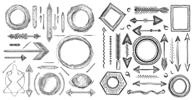 Vecteur diviseur à flèches dessiné à la main et ensemble vectoriel de cadre oval et carré circulaire