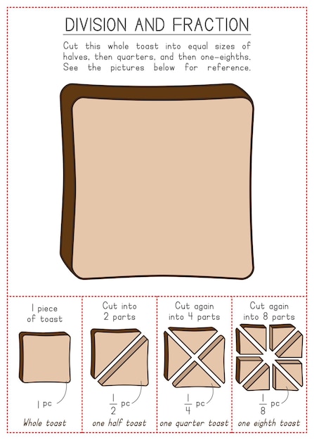 Division Et Fraction De La Feuille De Travail D'apprentissage Des Enfants à L'aide De Pain Grillé