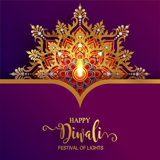 Diwali, Deepavali Ou Dipavali Le Festival Des Lumières En Inde Avec Des Motifs De Diya Doré Et Des Cristaux Sur Fond De Couleur Papier.