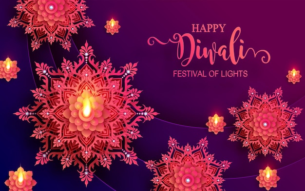 Vecteur diwali, deepavali ou dipavali le festival des lumières en inde avec des motifs de diya doré et des cristaux sur fond de couleur papier.