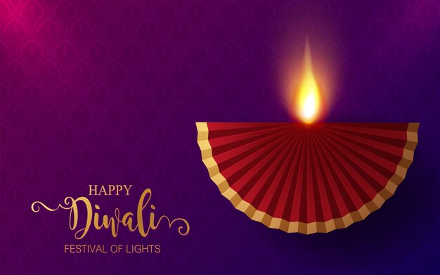 Diwali, Deepavali Ou Dipavali Le Festival Des Lumières En Inde Avec Des Motifs De Diya Doré Et Des Cristaux Sur Fond De Couleur Papier.