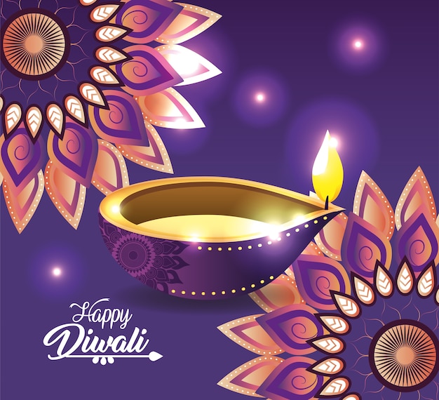 Diwali vassel avec mandalas allumés et fleurs