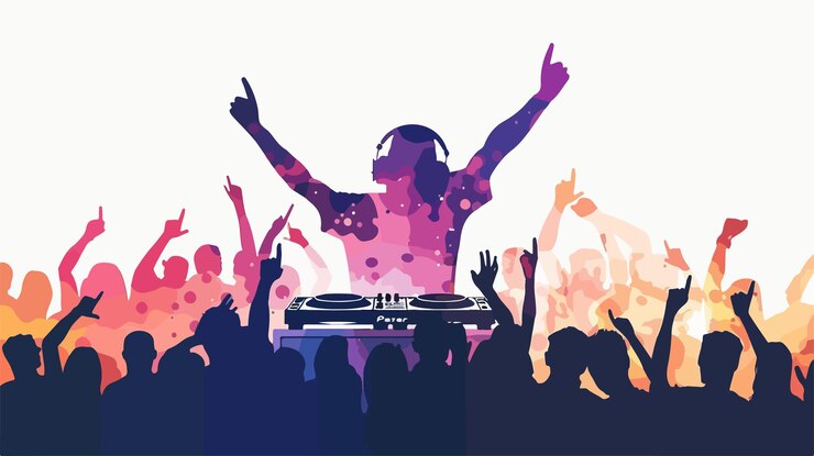 Vecteur un dj énergique silhouetté avec une foule dansante dans l'isolement