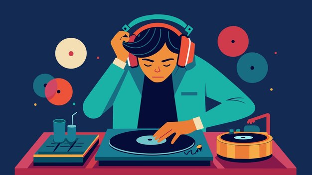 Vecteur le dj secoue la tête au rythme de la musique complètement absorbée dans le set de vinyle qu'il crée