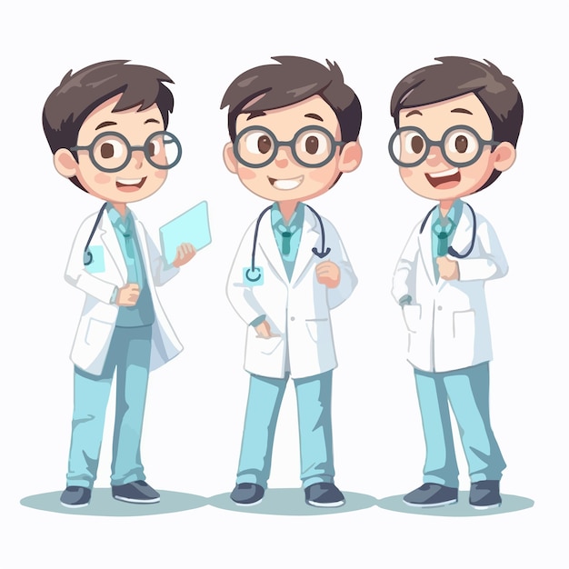 Docteur enfant en vêtements de docteur illustration de dessin animé jeune garçon multipose