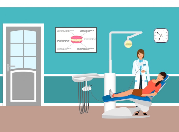 Vecteur docteur en médecine et patient sur fauteuil dans le bureau du dentiste. femme en clinique dentaire. soins médicaux.