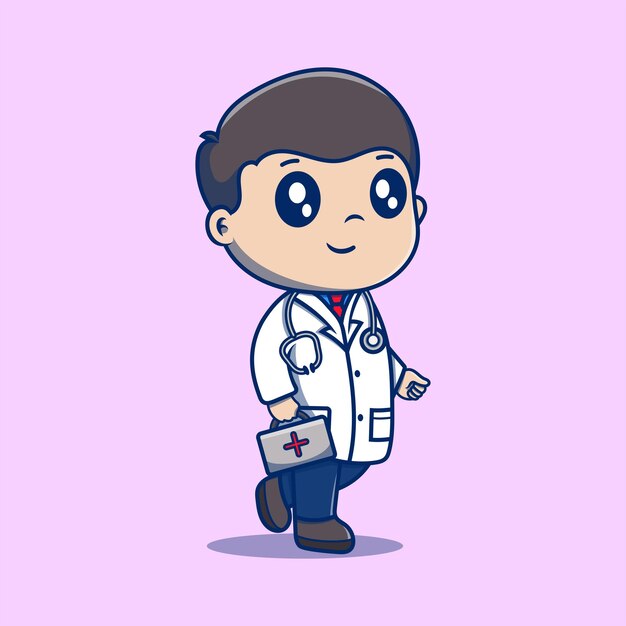 Vecteur docteur mignon avec un stéthoscope et tenant des notes illustration style dessin animé plat