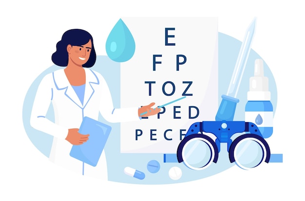 Docteur Ophtalmologiste Debout Près Du Tableau De Test Oculaire. Diagnostic Ophtalmologique, Contrôle De La Vision. L'oculiste Vérifie La Vue Et Choisit Des Lunettes. Correction De La Vue, Optométrie