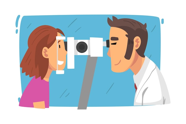 Vecteur docteur ophtalmologiste examinant la vue du patient avec un équipement professionnel diagnostique ophtalmologique correction de la vision illustration vectorielle de dessin animé