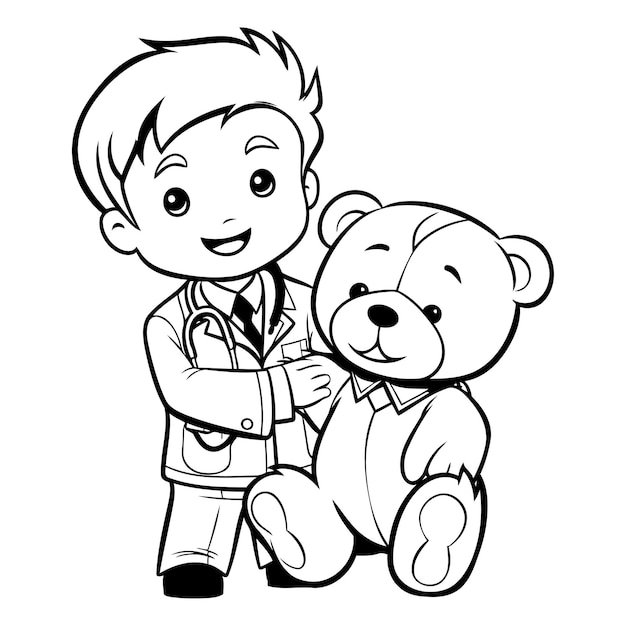 Vecteur docteur et ours en peluche livre à colorier pour enfants