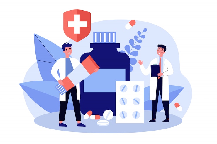 Vecteur docteur, prescription, pharmacien, pommade, tube