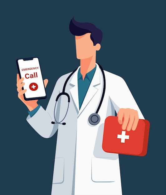 Docteur tenant un smartphone avec un appel d'urgence et une trousse de premiers soins