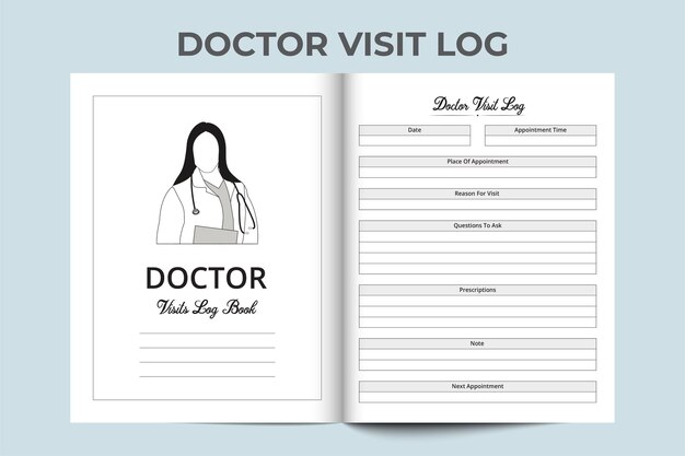 Docteur visitant le journal de bord KDP intérieur. Dessin au trait femme médecin avec vecteur de stéthoscope. Carnet de visite médicale. Journal de bord des soins de santé et traqueur médical. Carnet médical. Journal de bord médical intérieur KDP.