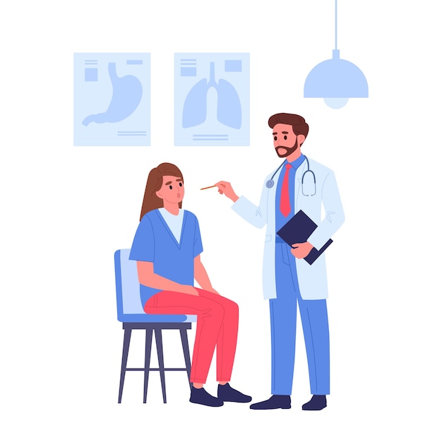 Doctor and patient Medical worker with clinic patient doctor diagnosing and advising patient flat vector illustration Healthcare and medicine concept