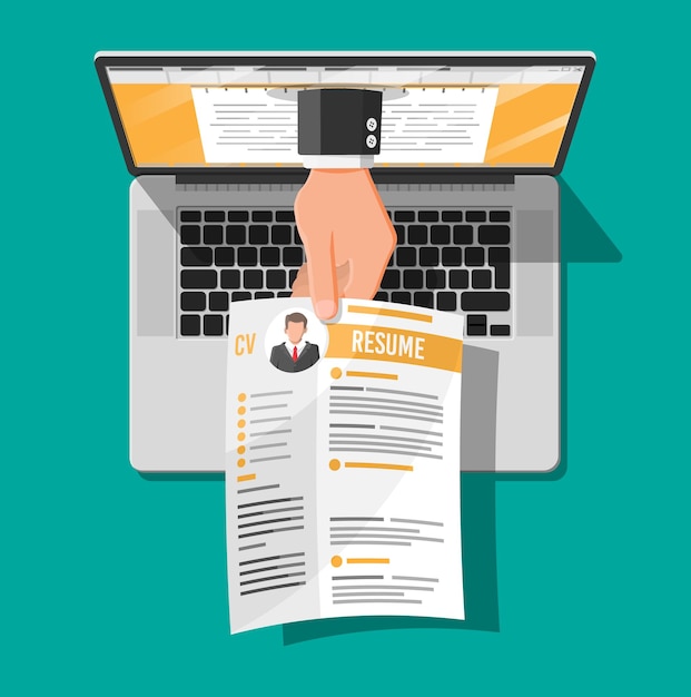 Document de CV d'emploi à partir d'un ordinateur portable Main tenant des documents de CV cv Concept de gestion des ressources humaines à la recherche de travail de personnel professionnel Trouvé bon CV Illustration vectorielle dans un style plat